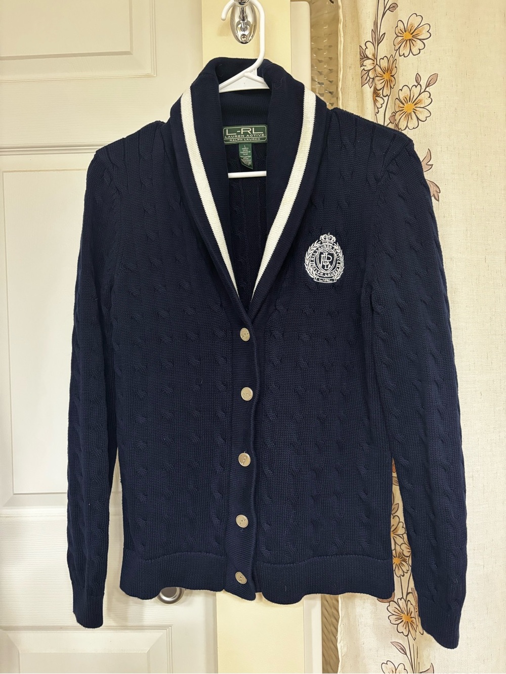 Lauren Active Ralph Lauren Crest Cardigan Sweater Large Cable Knit Preppy Blue